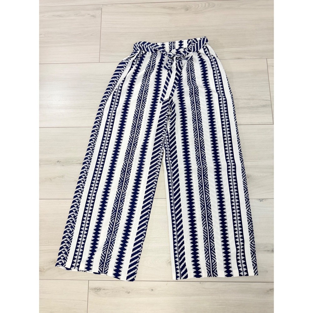 Boho Tribal Print Wide Leg‎ Pants Navy Blue White Geometric Sz M Coastal Summer